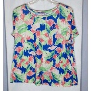 Casey Key Women's Top Sz 3X Tropical Flamingo 100% Rayon Tie Sleeve Boho Vibrant